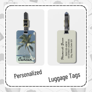 Personalized Vintage Cancun Mexico Travel Art Luggage Tag