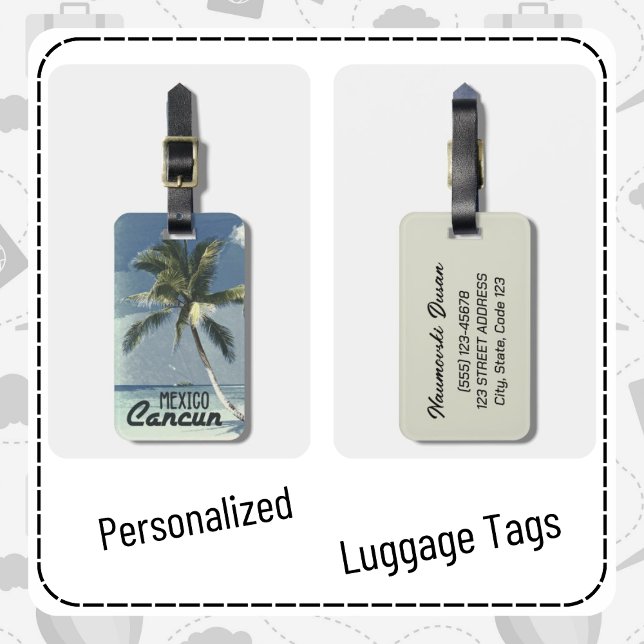 Personalized Vintage Cancun Mexico Travel Art Luggage Tag (Creator Uploaded)