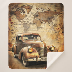 Personalized Vintage Car   Antique World Map Sherpa Blanket