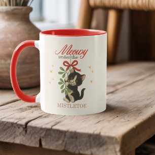 Personalized Vintage Christmas Cat Meowy Mistletoe Mug