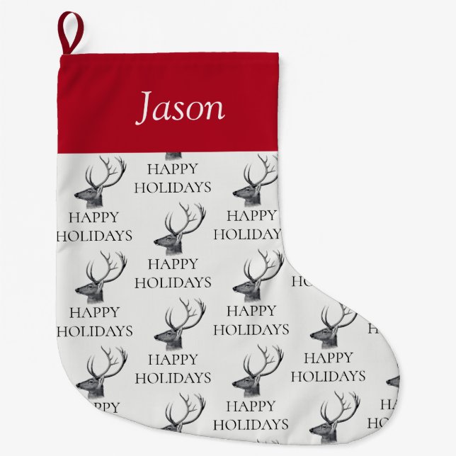 Personalized Vintage Christmas Deer Head Large Christmas Stocking (Front)