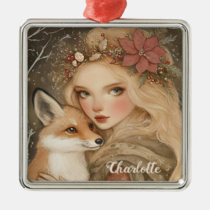 Personalized Vintage Christmas Girl and Fox  Metal Ornament