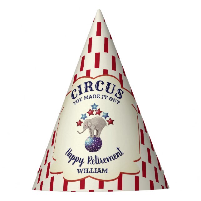 Personalized Vintage Circus Elephant Retirement Party Hat (Front)