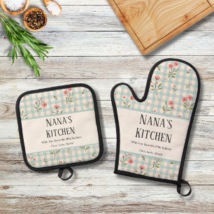 Personalized Vintage Country Blue Gingham Floral Oven Mitt & Pot Holder Set