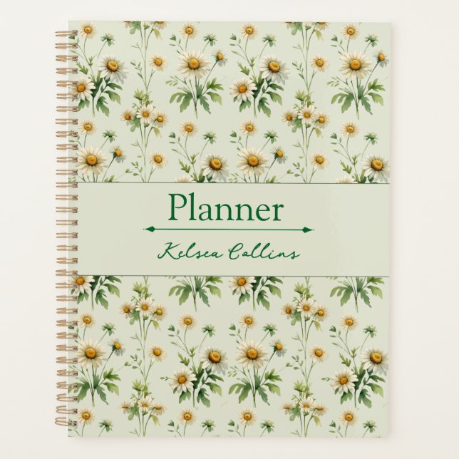 Personalized Vintage Daisy Sage Green Planner (Front)