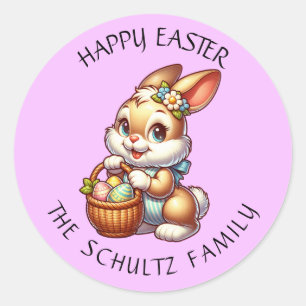 Personalized Vintage Easter Bunny and Basket Classic Round Sticker