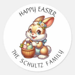 Personalized Vintage Easter Bunny and Basket Classic Round Sticker