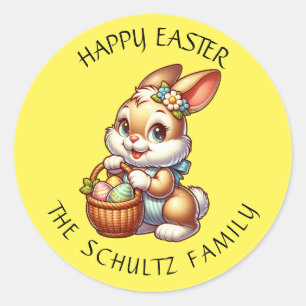 Personalized Vintage Easter Bunny and Basket Classic Round Sticker