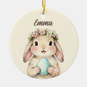 Personalized Vintage Easter Bunny with Egg Ceramic Ornament