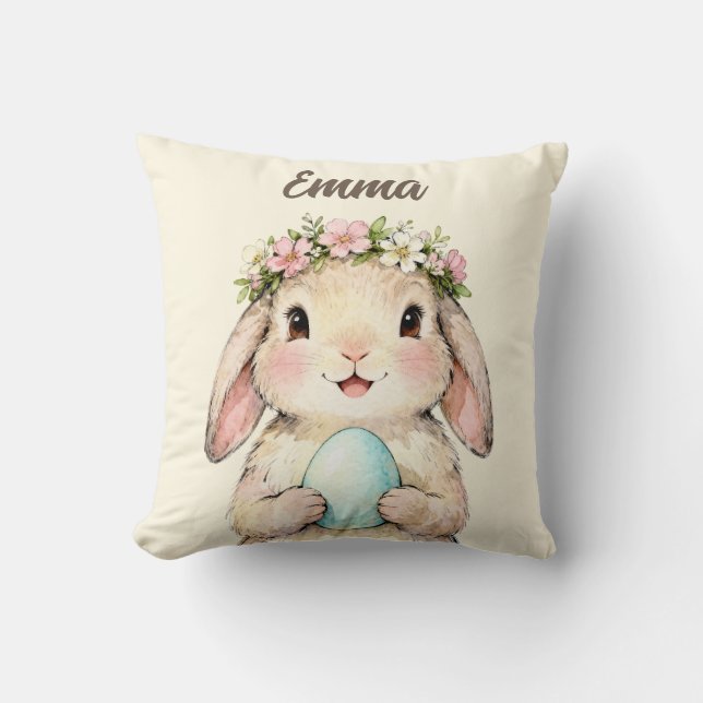 Personalized Vintage Easter Bunny with Egg Throw Pillow (Front)