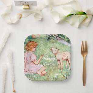 Personalized Vintage Easter Little Lamb Paper Plate