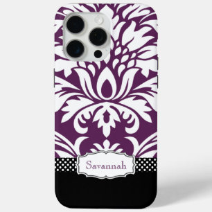 Personalized Vintage Eggplant Damask and Polka Dot iPhone 15 Pro Max Case