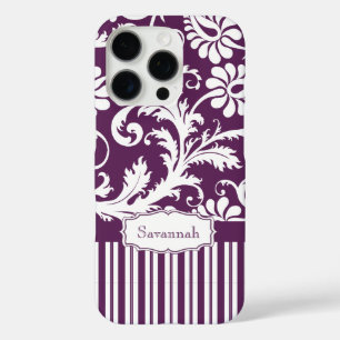 Personalized Vintage Eggplant Damask and Stripe iPhone 16 Pro Case