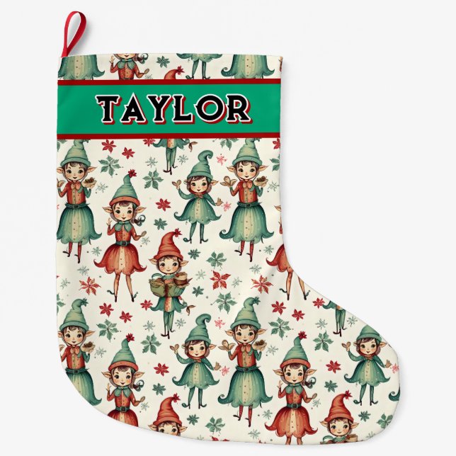 Personalized Vintage Elves Christmas Large Christmas Stocking (Front)