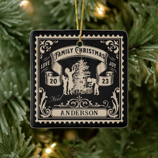Personalized Vintage Family Christmas Stamp Ceramic Ornament (Tree)