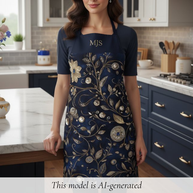 Personalized Vintage Floral Apron (elegant chic midnight navy blue gold floral apron with customized monogram, great gift for chef)