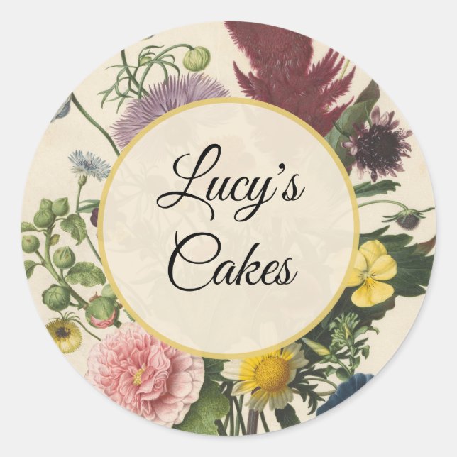 Personalized Vintage Floral Botanical Classic Round Sticker (Front)