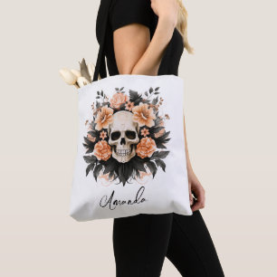 Personalized Vintage Floral Halloween Skull Tote Bag