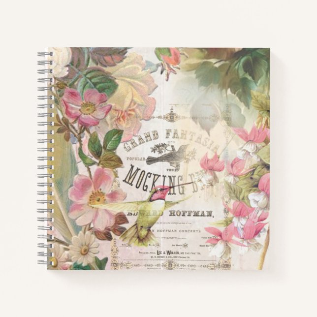 Personalized Vintage Floral Mocking Bird  Notebook (Front)