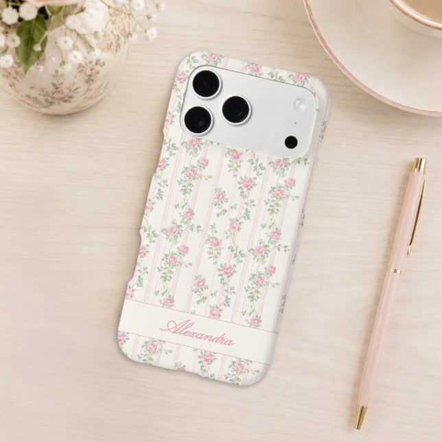 Personalized Vintage Floral Monogram (elegant grandmillennial coquette pink rose floral iphone  17 pro max case with custom monogram name)