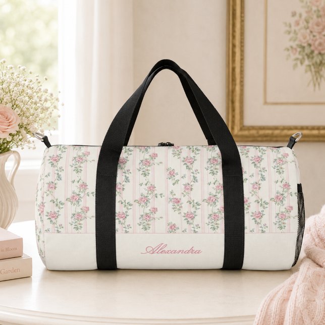 Personalized Vintage Floral Monogram Duffle Bag (elegant grandmillennial coquette blush pink rose floral duffle bag with custom monogram name)