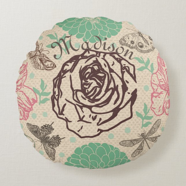 Personalized Vintage Floral Rose Garden Round Pillow (Front)