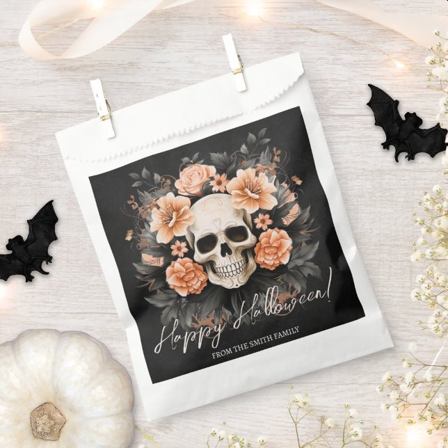 Personalized Vintage Floral Skull Halloween Favour Bag (Easily personalize these Halloween favor bags with just a few clicks.)