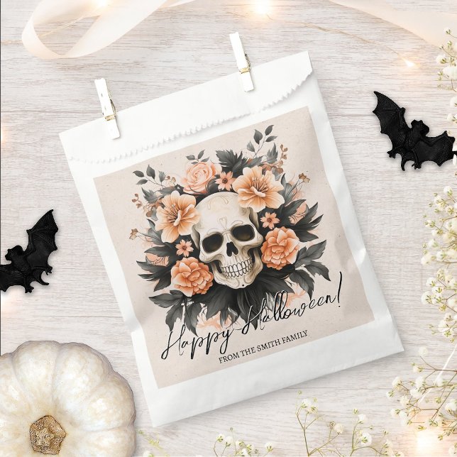 Personalized Vintage Floral Skull Halloween Favour Bag (Easily personalize these Halloween favor bags with just a few clicks.)