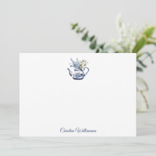 Personalized Vintage Floral Teapot Blue Watercolor Card