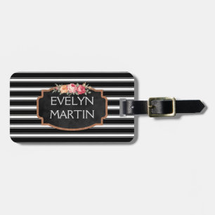 Personalized Vintage Flower   B&W Striped Monogram Luggage Tag