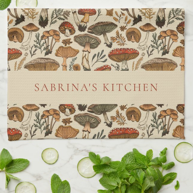 Personalized Vintage Forest Mushroom Pattern  Kitchen Towel (Folded)