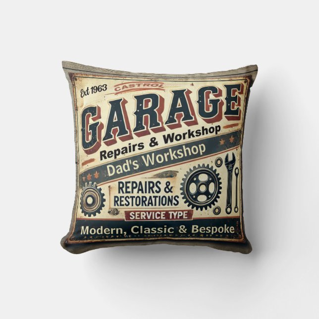 Personalized Vintage Garage Throw Pillow (Front)