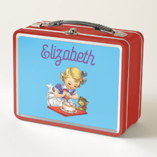 Personalized vintage girl baking a cake    metal lunch box
