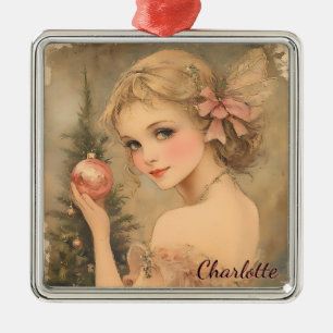 Personalized Vintage Girl with Pink Bauble Metal Ornament
