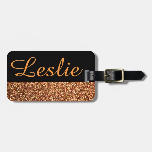Personalized Vintage Glittery Gold Luggage Tag (Front Horizontal)