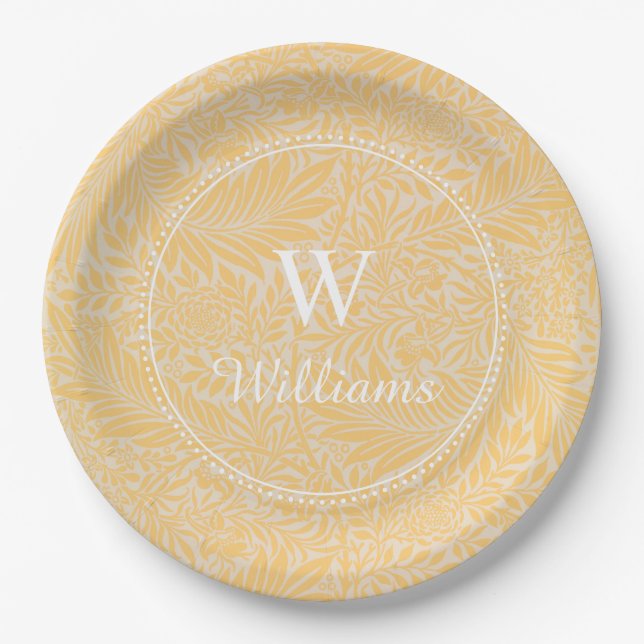 Personalized Vintage Gold Larkspur Flower Paper Plate (Front)