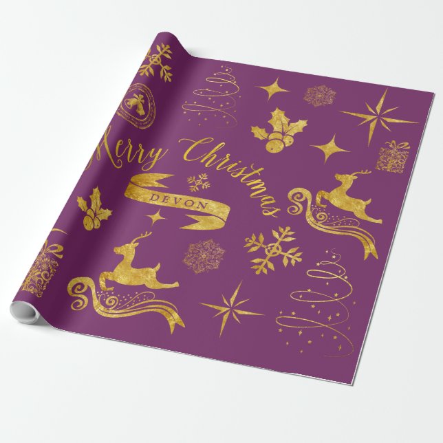 Personalized Vintage Gold & Purple Christmas Wrap Wrapping Paper (Unrolled)