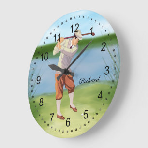 Personalized Vintage Golfer by the Riverbank Large Clock