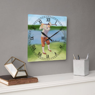 Personalized Vintage Golfer by the Riverbank Square Wall Clock