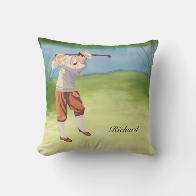 Personalized Vintage Golfer by the Riverbank Throw Pillow (Front)