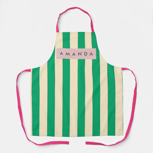 Personalized Vintage Green and Cream Stripe Apron (Front)