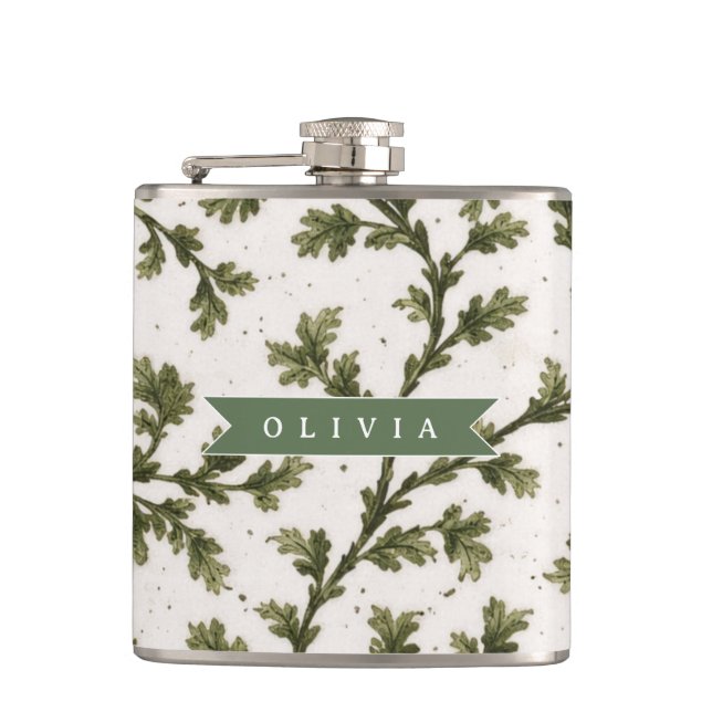 Personalized Vintage Green Garden Botanical Rustic Hip Flask (Front)