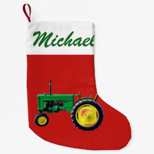 Personalized Vintage Green Tractor on Red Small Christmas Stocking