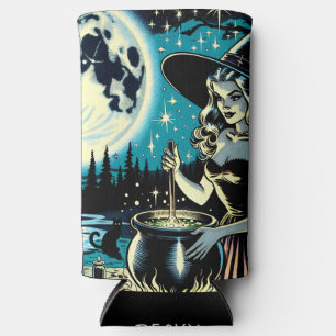 Personalized Vintage Halloween Witch  Seltzer Can Cooler