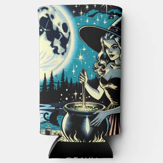 Personalized Vintage Halloween Witch  Seltzer Can Cooler (Front)