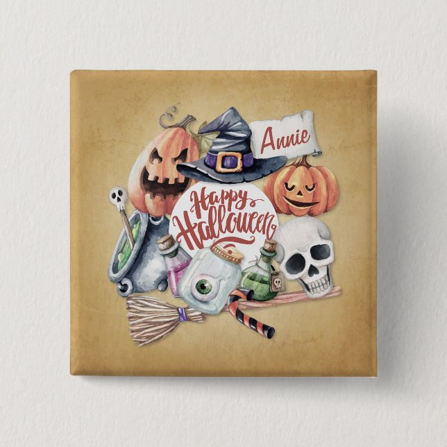 Personalized Vintage Happy Halloween | Button (Front)