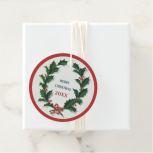 Personalized Vintage Holly Wreath Merry Christmas Favour Tags