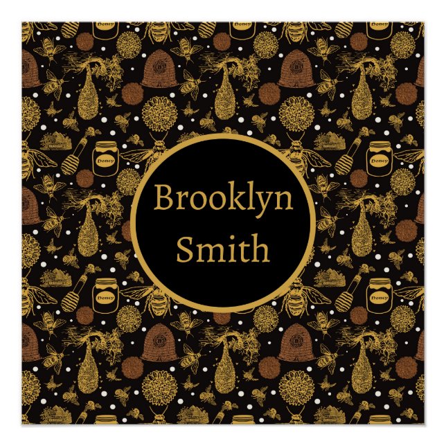 Personalized Vintage Honey Bumblebee Black Poster (Front)