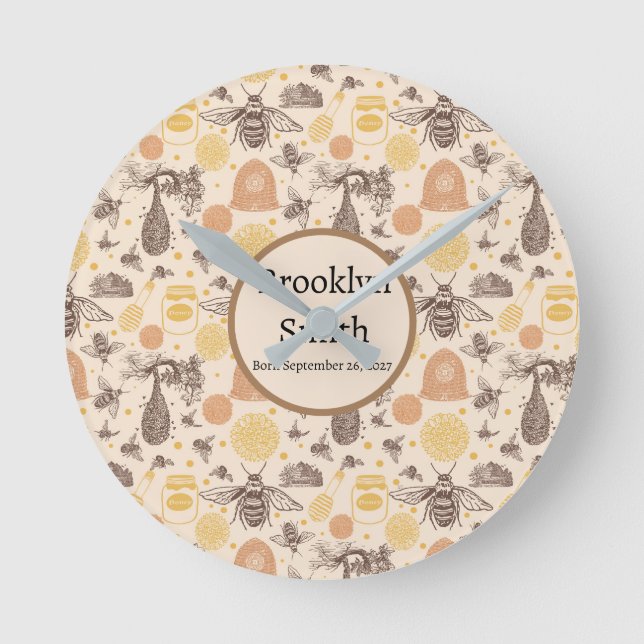 Personalized Vintage Honey Bumblebee Round Clock (Front)
