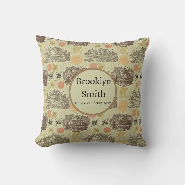 Personalized Vintage Honey Bumblebee Sage Throw Pillow (Front)